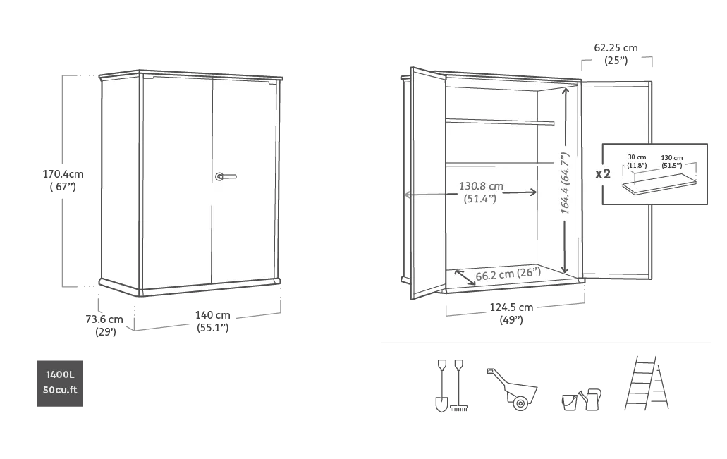 High Store Plus 1400L Gartenschrank - 140x73.6x170.4cm - Graubraun