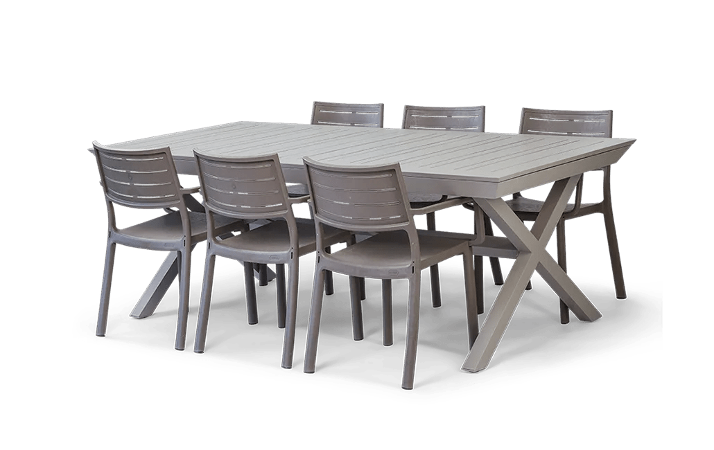 פינת אוכל ברצלונה- שולחן אלומיניום נפתח עם 6 כיסאות - קפוצ'ינו