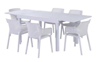 סט שולחן מדריד 140/280 נפתח+6 כסאות אליסה לבן - פינות אוכל משולבות אלומיניום