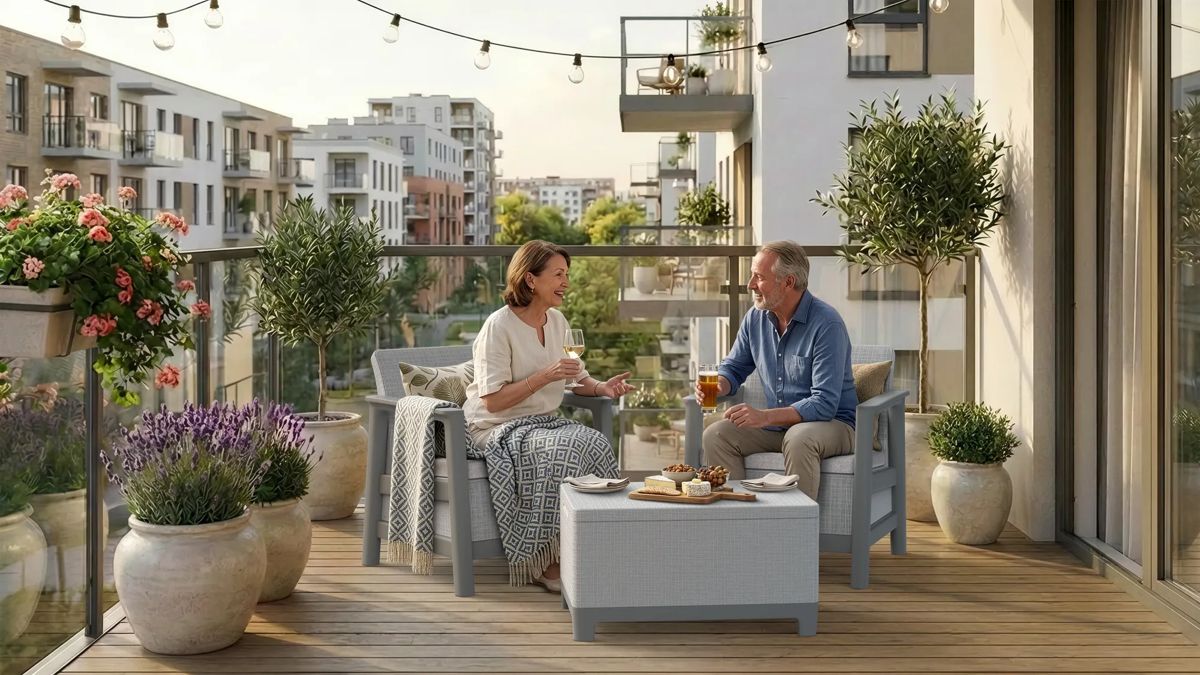 Scandi Linea 2 Seater Balcony Set with Storage Table - Grey