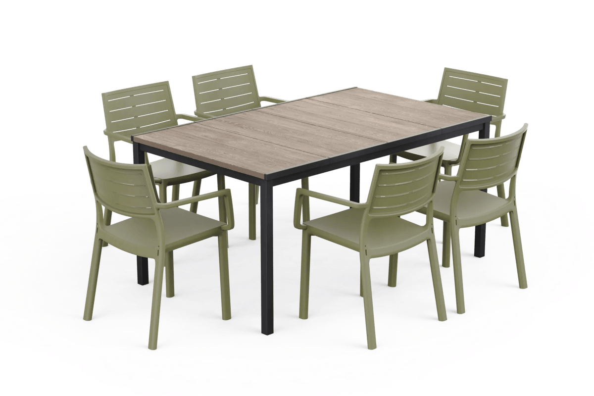 Signature Porto Dining Table + Metaline Dining Chair, Set of 6 - Olive Green
