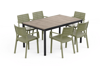 Signature Porto Dining Table + Metaline Dining Chair, Set of 6 - Olive Green - Dining Sets