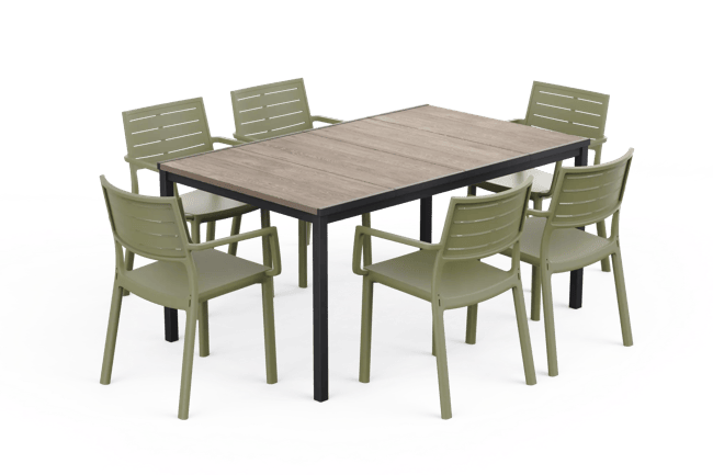 Signature Porto Dining Table + Metaline Dining Chair, Set of 6 - Olive Green