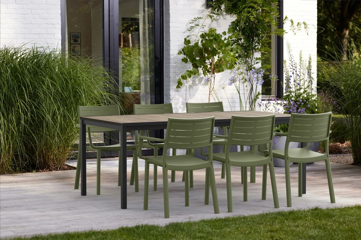 Signature Porto Dining Table + Metaline Dining Chair, Set of 6 - Olive Green