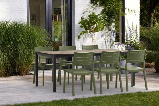 Signature Porto Dining Table + Metaline Dining Chair, Set of 6 - Olive Green