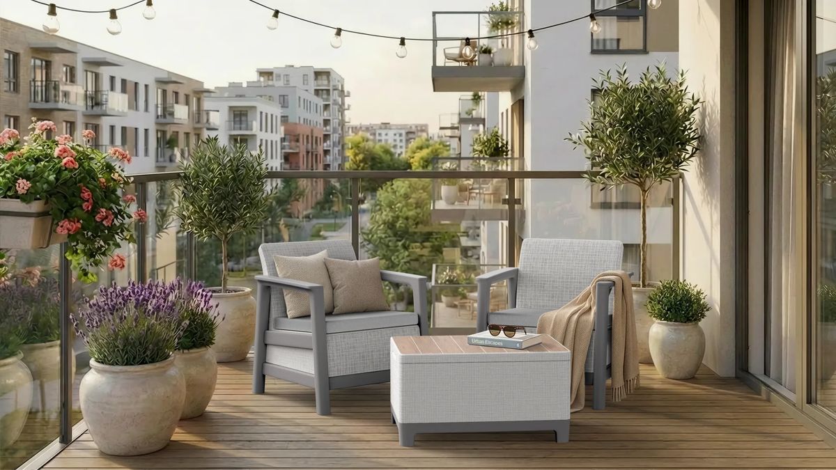 Scandi Linea 2 Seater Balcony Set with Storage Table - Grey