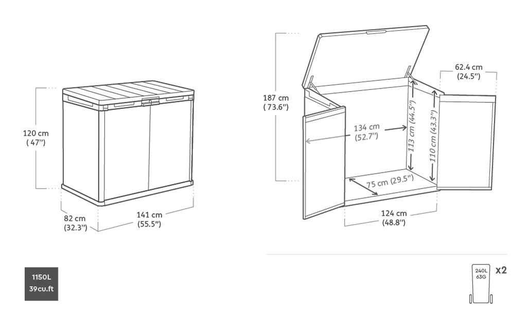 Cobertizo de exterior SIO Darwin - 141x82x120 cm y 1150L - Gris