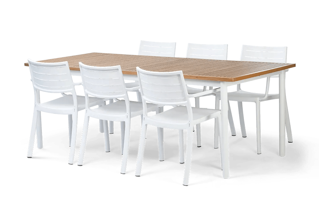 פינת אוכל רוז שולחן אלומיניום בשילוב עץ ו 6 כיסאות - לבן