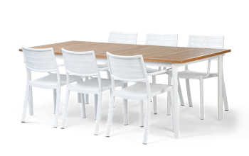 פינת אוכל רוז שולחן אלומיניום בשילוב עץ ו 6 כיסאות - לבן - פינות אוכל לגינה ולמרפסת