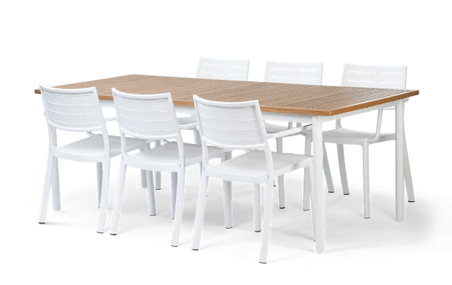 פינת אוכל רוז שולחן אלומיניום בשילוב עץ ו 6 כיסאות - לבן