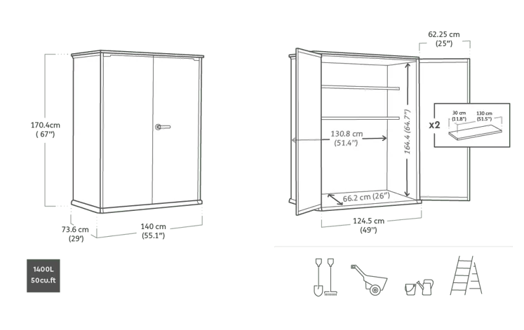 Cobertizo de exterior Cortina Alto 140x74x171 cm y 1400L
 - Gris