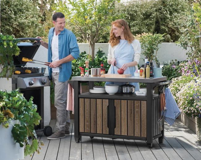 Unity XL Walnut Outdoor Kitchen Cart With Storage  - Keter US