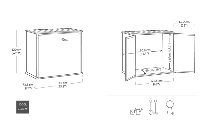 Cobertizo de exterior Patio Store - 140x73,6x120 cm y 1000L - Deco Gris
