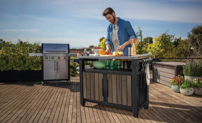 Unity XL Walnut Outdoor Kitchen Cart With Storage  - Keter US