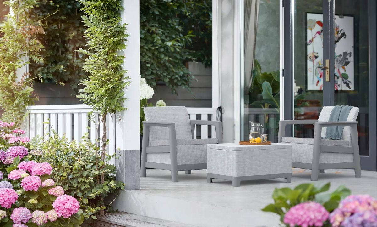 Scandi Linea 2 Seater Balcony Set with Storage Table - Grey
