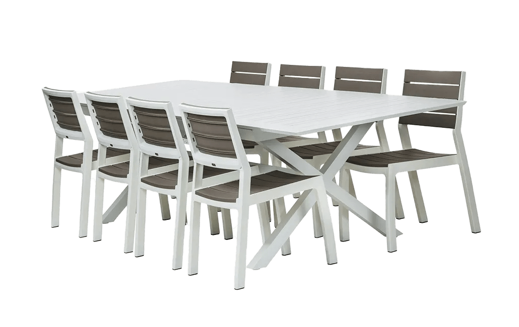 פינת אוכל ולנסיה- שולחן אלומיניום נפתח ו 8 כיסאות - קפוצ'ינו